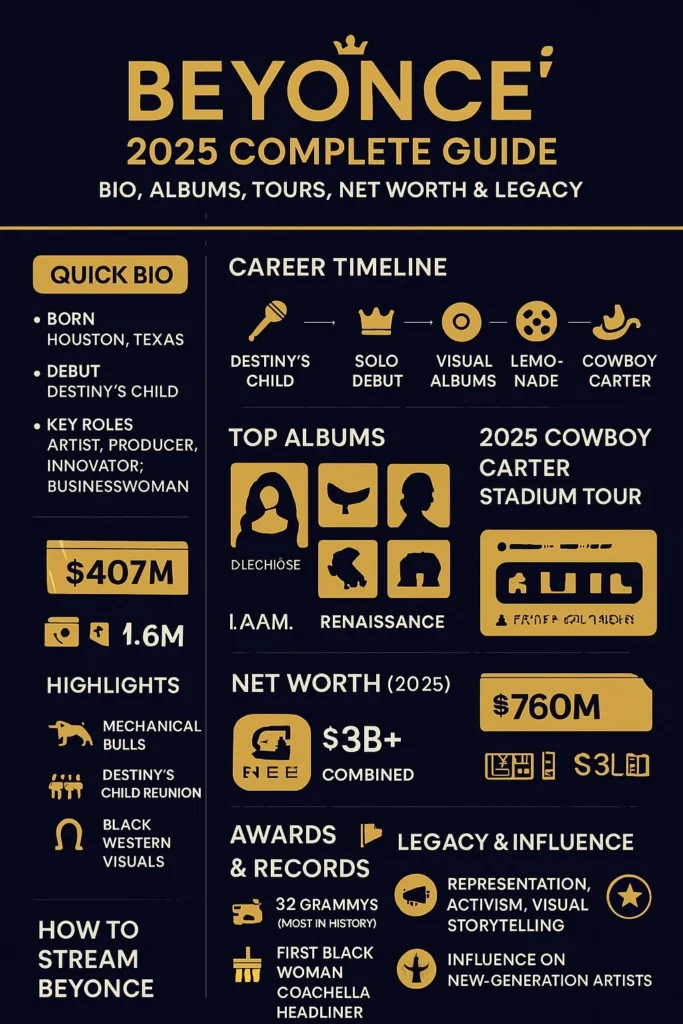 Beyoncé 2025 Complete Guide infographic showcasing her biography, albums, tours, net worth, awards, and cultural impact, featuring visuals from the Cowboy Carter tour, timeline milestones, and key achievements.