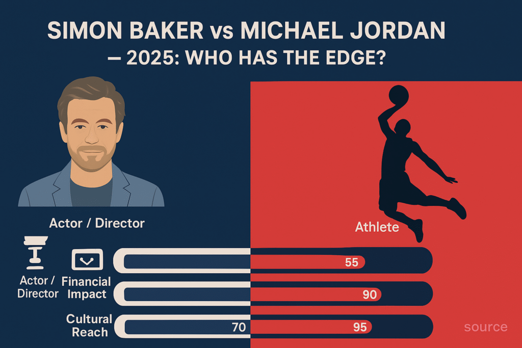 Split-screen infographic comparing Simon Baker (actor/director) and Michael Jordan (athlete/brand) across awards, net worth, cultural reach, and 2025 verdict."
