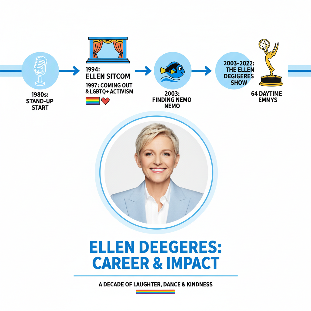 "High-resolution charts of Ellen DeGeneres in a modern telly studio setting, featuring a realistic illustrated portrait, an inline timeline, net worth stats, major awards, and key climax in her TV, comedy, and philanthropy career."