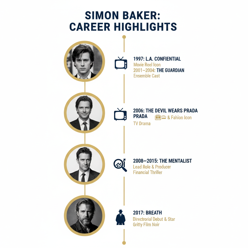 “Simon Baker career infographic timeline of movies and TV shows from L.A. Confidential to The Mentalist and Breath, including awards and highlights.”