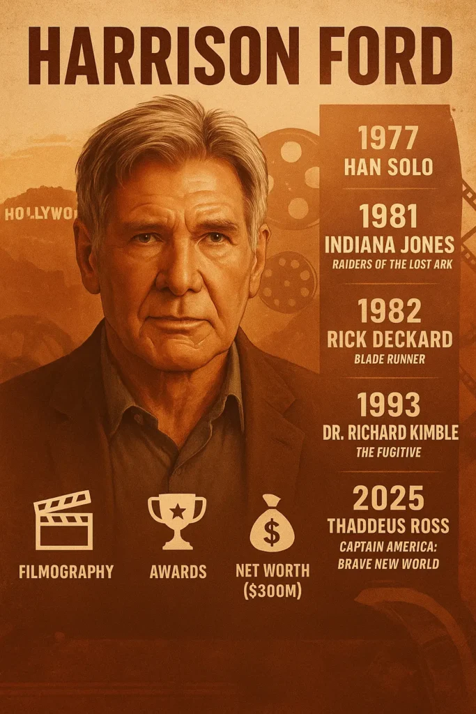 Infographic showing Harrison Ford’s full biography and career timeline from Han Solo in Star Wars and Indiana Jones to his 2026 Emmy-nominated role in Shrinking and MCU debut in Captain America: Brave New World, including key films, awards, and an estimated $300 million net worth.