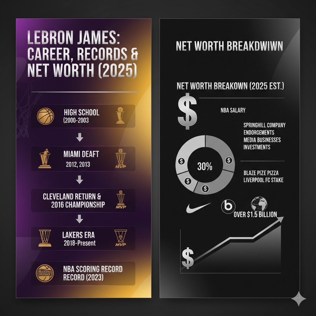 LeBron James (2025) career highlights, NBA records, championship timeline, estimated net worth, business ventures, philanthropy, and cultural legacy in one infographic.