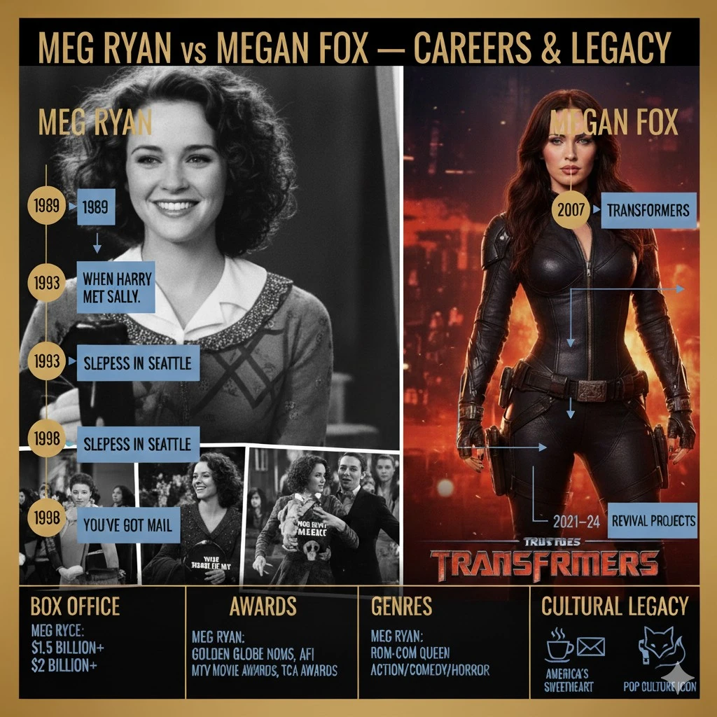 Meg Ryan vs Megan Fox infographic comparing careers, best movies, timelines, awards, and Hollywood legacy in a modern cinematic flat vector design.