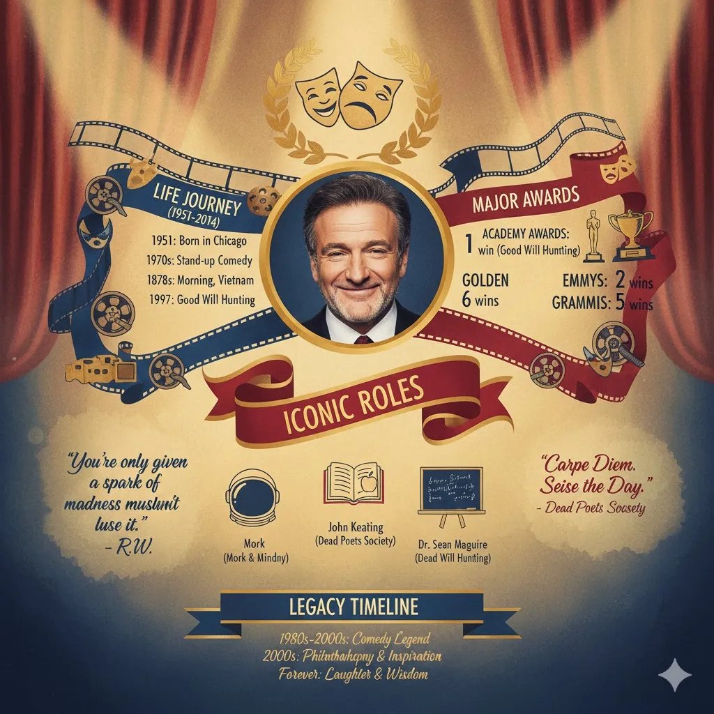 “Infographic of Robin Williams’ complete biography, film career highlights, philanthropy, and Lewy body dementia awareness timeline.”