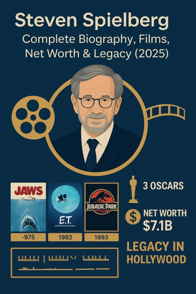 “Infographic summarizing Steven Spielberg’s life and career highlights featuring his biography (full name, profession, and birth date), key awards, signature directing styles like emotional storytelling and special effects mastery, iconic films (Jaws, Schindler’s List, The Fabelmans), and a decade-by-decade career timeline from the 1960s to 2020s.”