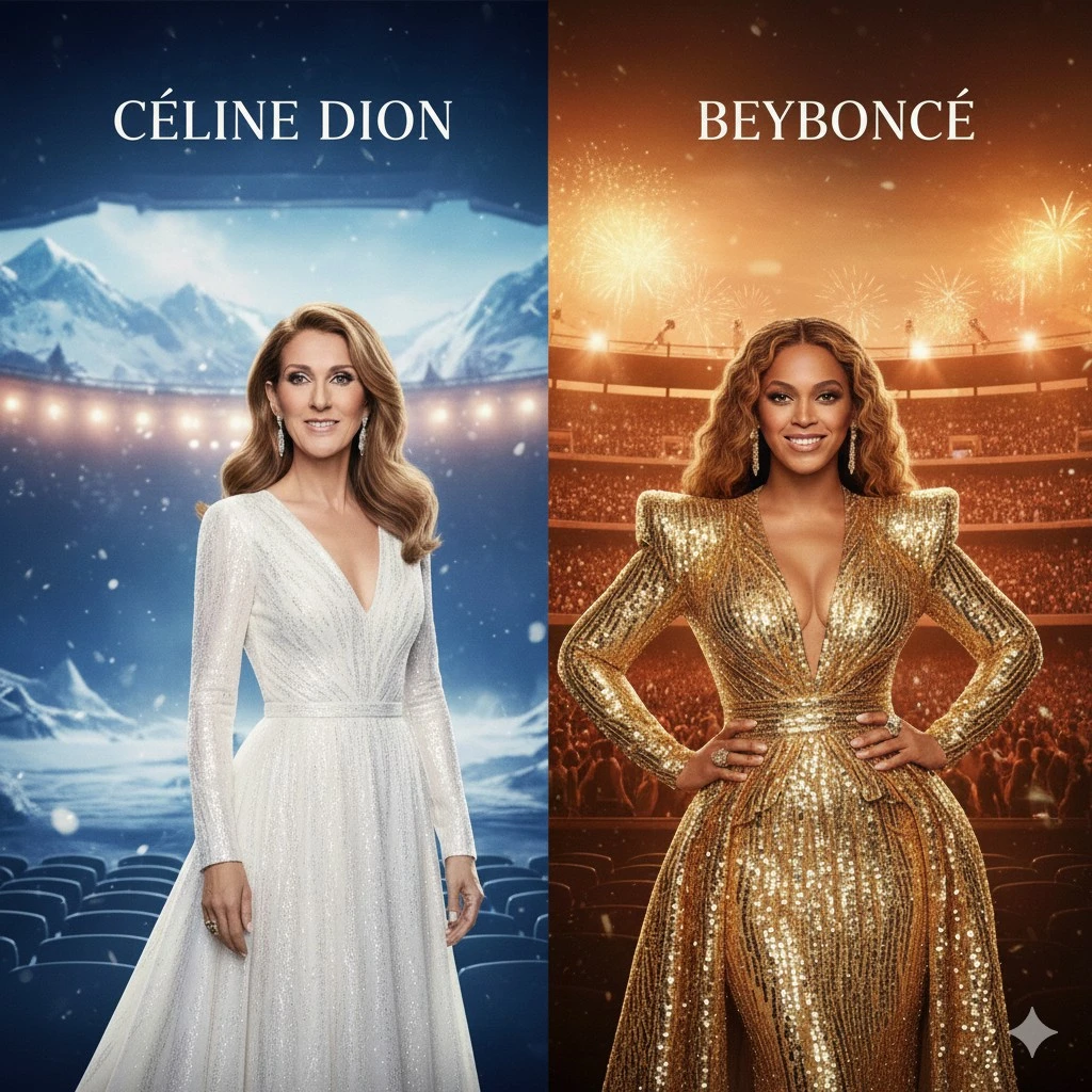 Infographic comparing Céline Dion and Beyoncé in 2025, showing voice stats, GRAMMY totals, record sales, and touring models in a three-column layout.