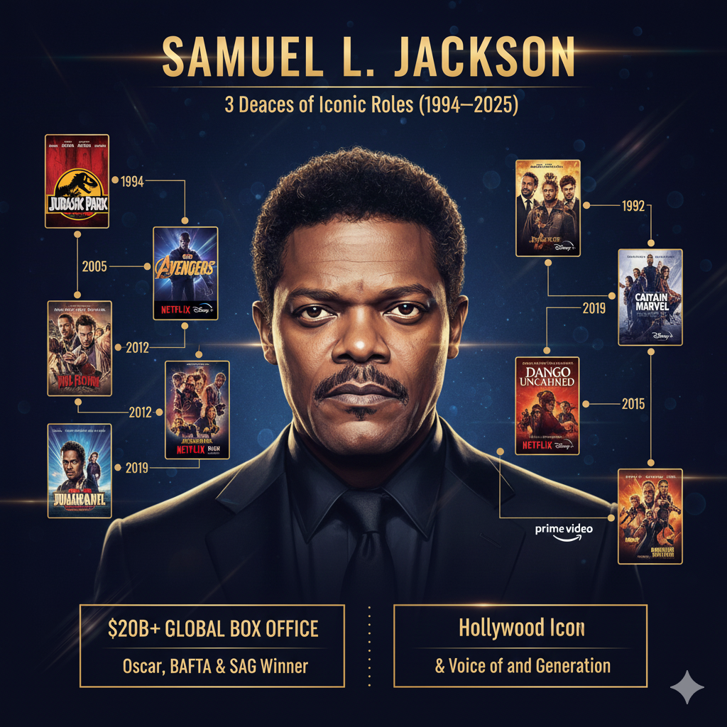 “Infographic showing Samuel L. Jackson’s career timeline, top movies, major awards, and 2025 net worth, spotlighting his rise from Pulp Fiction to Marvel’s Nick Fury and  impending NOLA King project.”