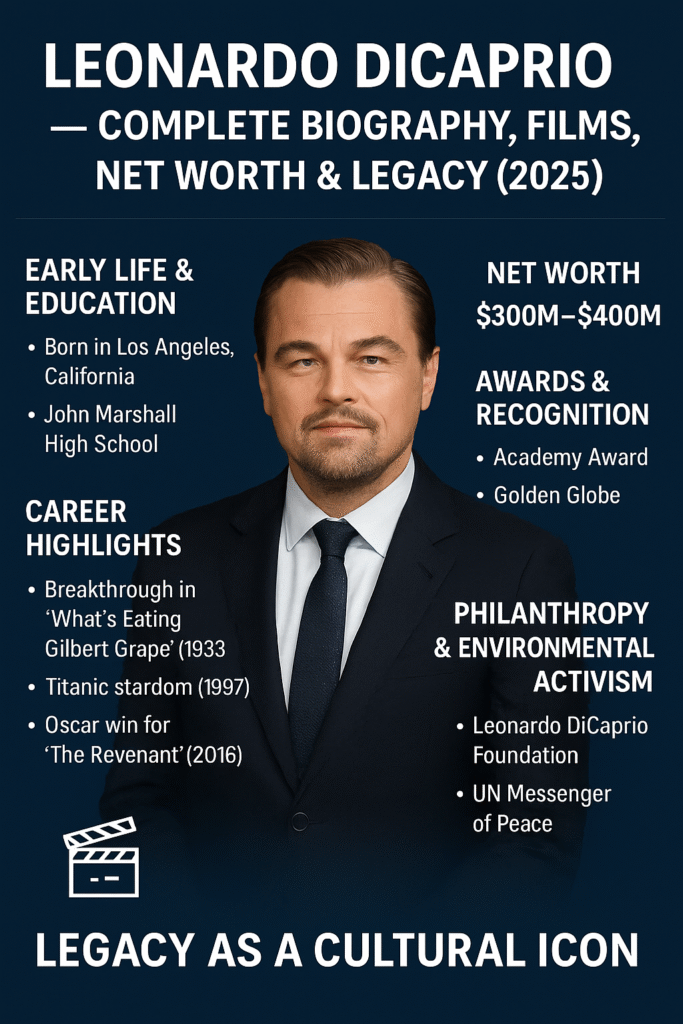 Infographic of Leonardo DiCaprio’s biography and career timeline, including top movies, Oscar wins, net worth 2025, and environmental achievements.