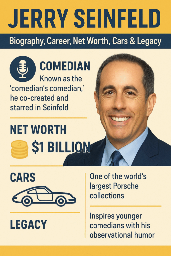 "Infographic of Jerry Seinfeld biography, $1 billion net worth, Porsche car collection, and comedy legacy in 2025."