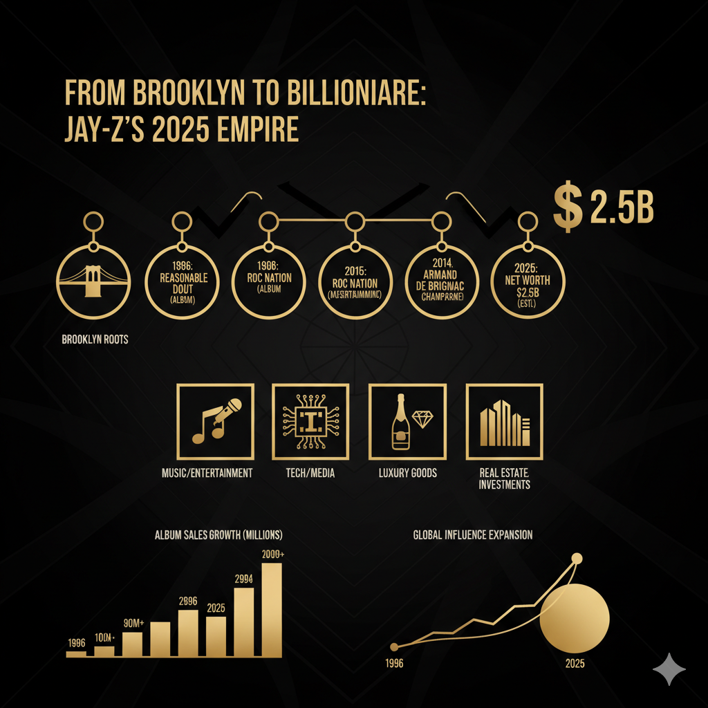 “Jay-Z in 2025: Brooklyn-born rapper turned billionaire entrepreneur, showcasing his music legacy, business empire (Roc Nation, Armand de Brignac, D’USSÉ), and $2.5B net worth journey.”