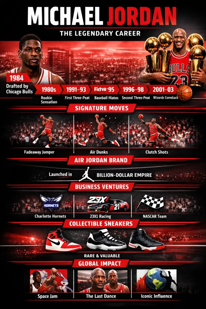 "Infographic illustrating Michael Jordan’s NBA career, championships, signature moves, Air Jordan brand, business ventures, and global cultural impact."