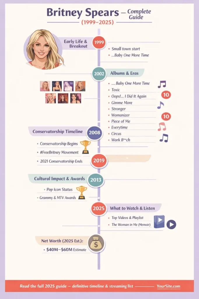 Vertical infographic “Britney Spears  Complete Guide (1999–2025)” with a central timeline highlighting her breakout, albums & eras, top songs, conservatorship (2008–2021), awards, 2025 watch/listen picks, and net-worth estimate, plus icons and a tasteful vector portrait.