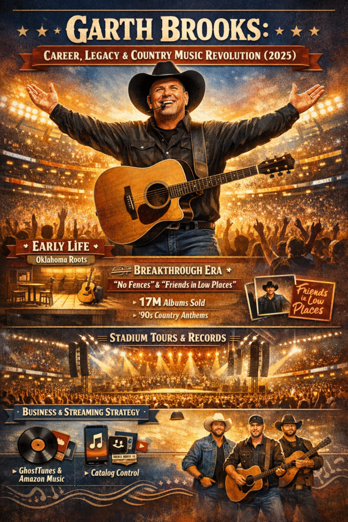 Garth Brooks does live in a packed stadium, the country legend who redefined music with record-breaking albums, genre-mix sound, and iconic arena concerts.