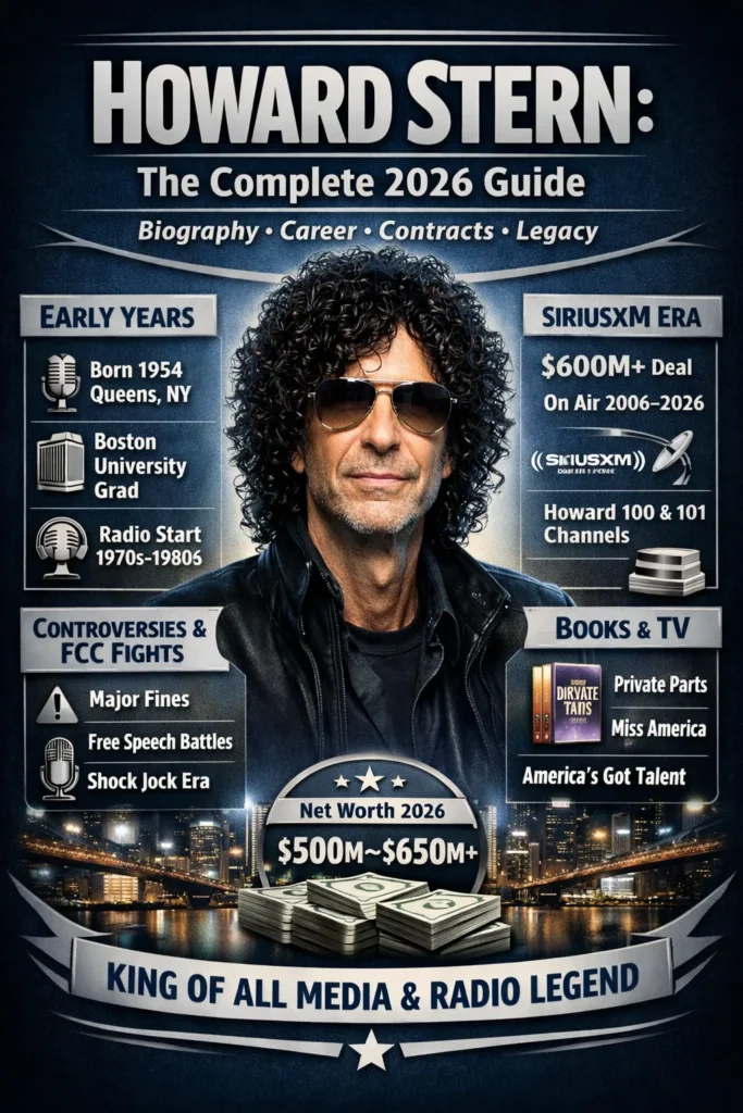 Howard Stern's complete 2026 guide infographic shows his biography, radio career timeline, SiriusXM contracts, controversies, books, net worth, and media legacy.
