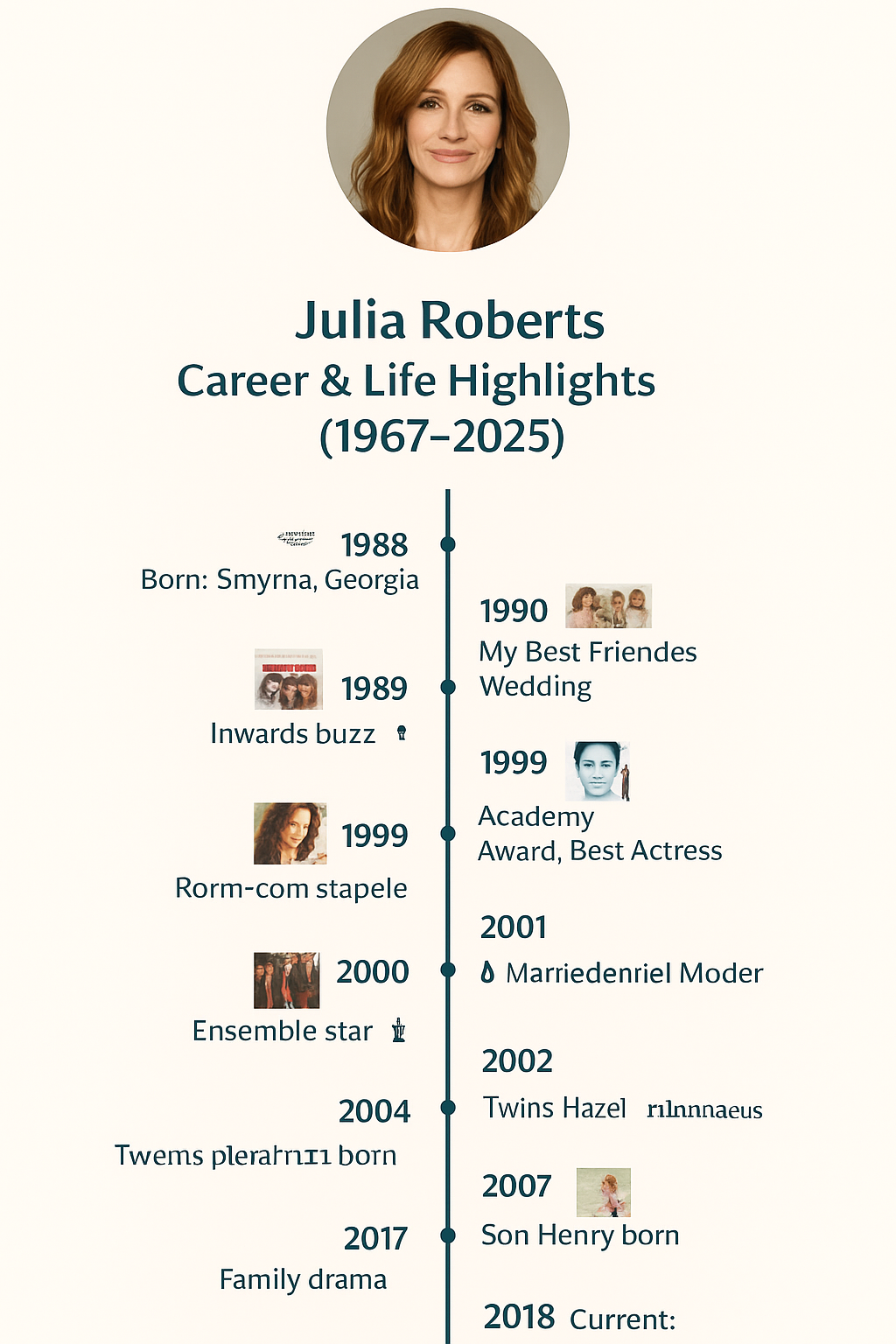 “Vertical illustrated diagrams of Julia Roberts’ life and career (1967–2025), exhibiting her top films, awards, personal events, and key accomplishments in a clean, timeline-style layout.”