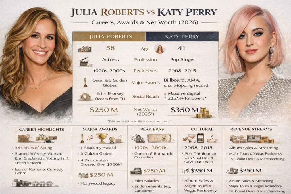 Julia Roberts vs Katy Perry infographic comparing careers, awards, cultural impact, and estimated net worth in 2026 using a modern editorial design.