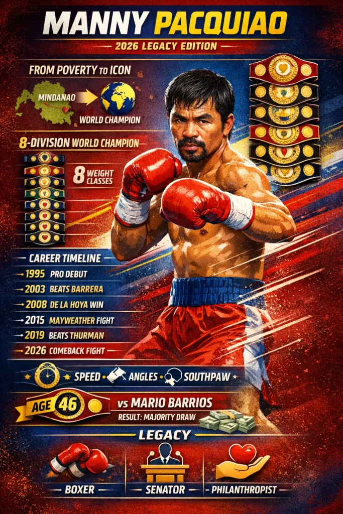 Manny Pacquiao, boxing portrait in 2026, eight-division world champion, Filipino legend, historic comeback fighter at age 46.