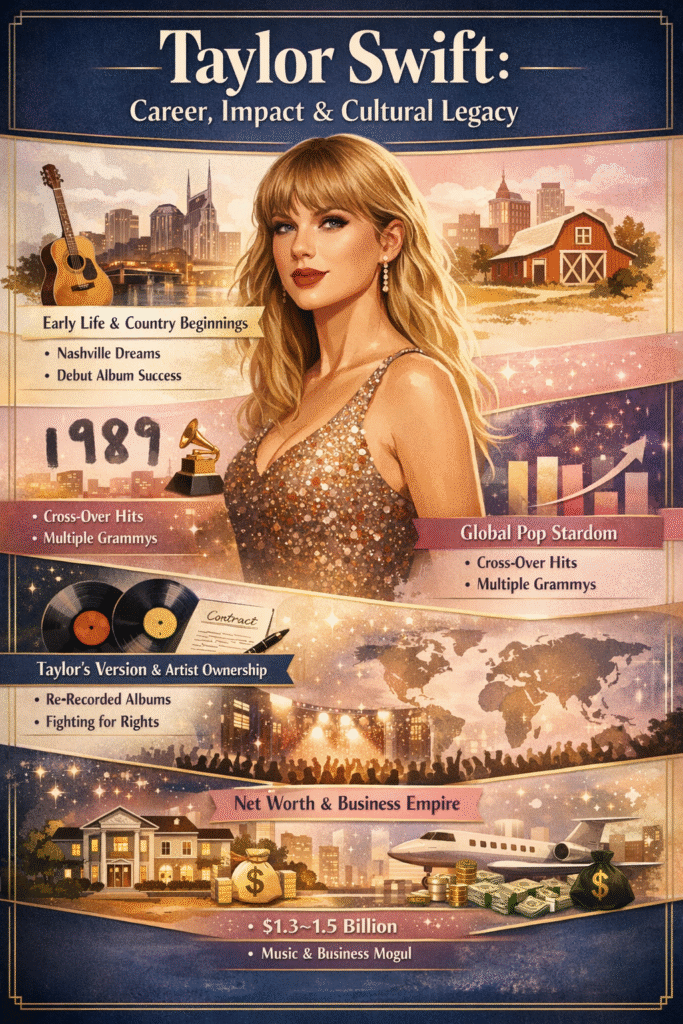 Taylor Swift infographic showing her career journey, Eras Tour success, net worth, and cultural impact.