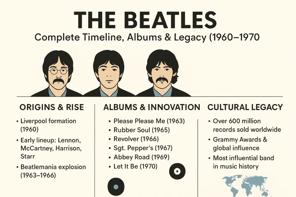 “Infographic of The Beatles Complete Guide (Updated 2025) showing illustrated portraits of the band and key topics like biography, albums, songs, and legacy.”