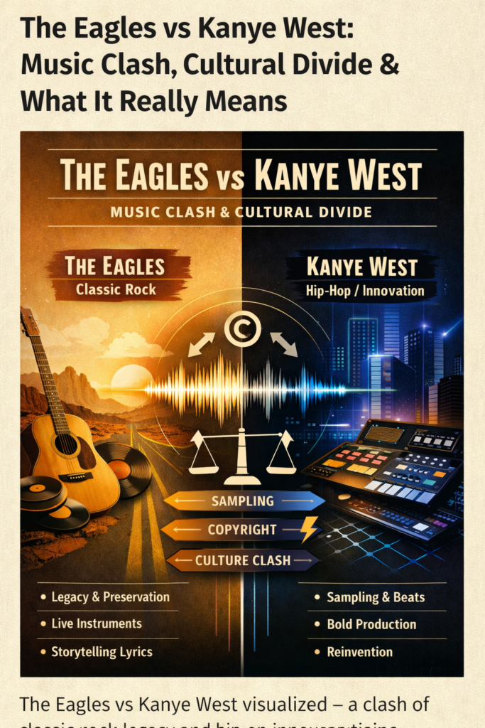 “Infographic comparing The Eagles and Kanye West, showing classic rock vs hip-hop culture, sampling debate, and generational music divide.”