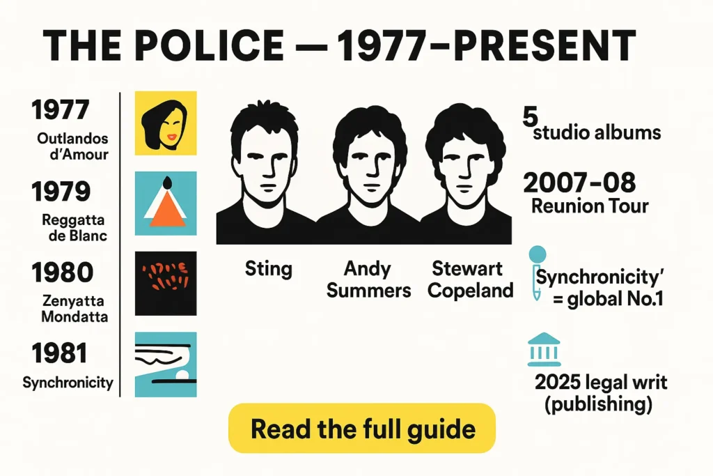 “The Police 1977 Present” infographic: timeline + 5 album tiles, central trio silhouettes, right column stats, and 2025 news badge.