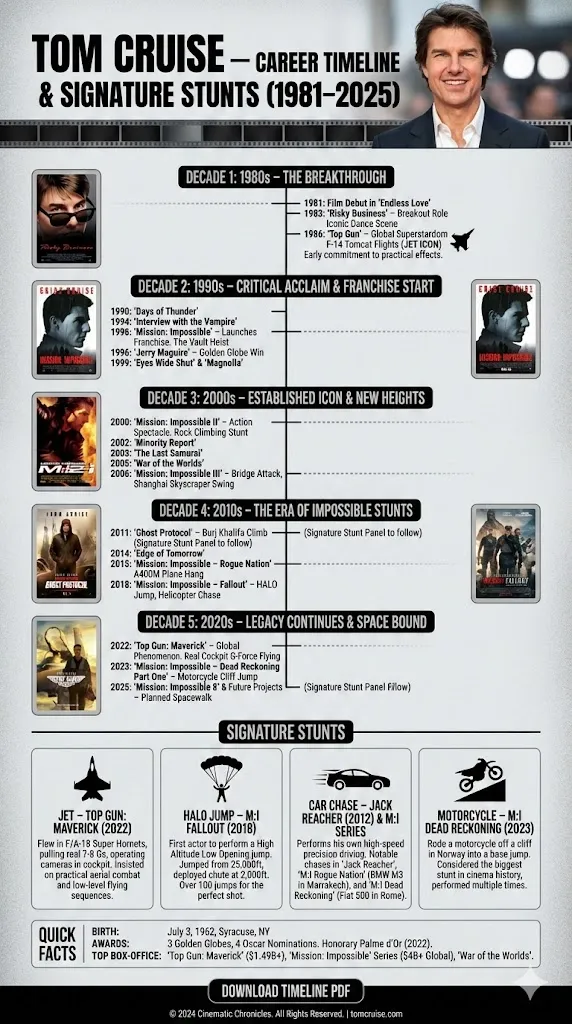 Infographic showing Tom Cruise’s film and stunt timeline from 1981 to 2025, highlighting major movies like Top Gun, Jerry Maguire, Minority Report, and Mission: Impossible, along with visuals of his daring stunts and achievements.