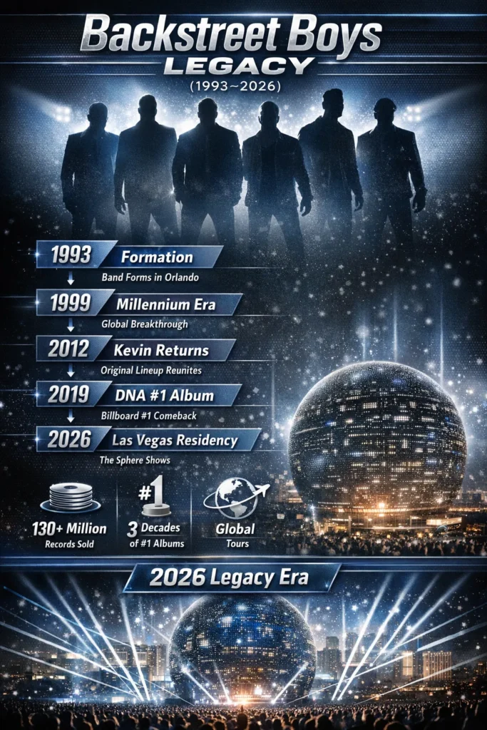 Backstreet Boys Millennium era infographic poster showing all five members in white outfits against a blue sky background with the text “Backstreet Boys Millennium Deep Dive.”