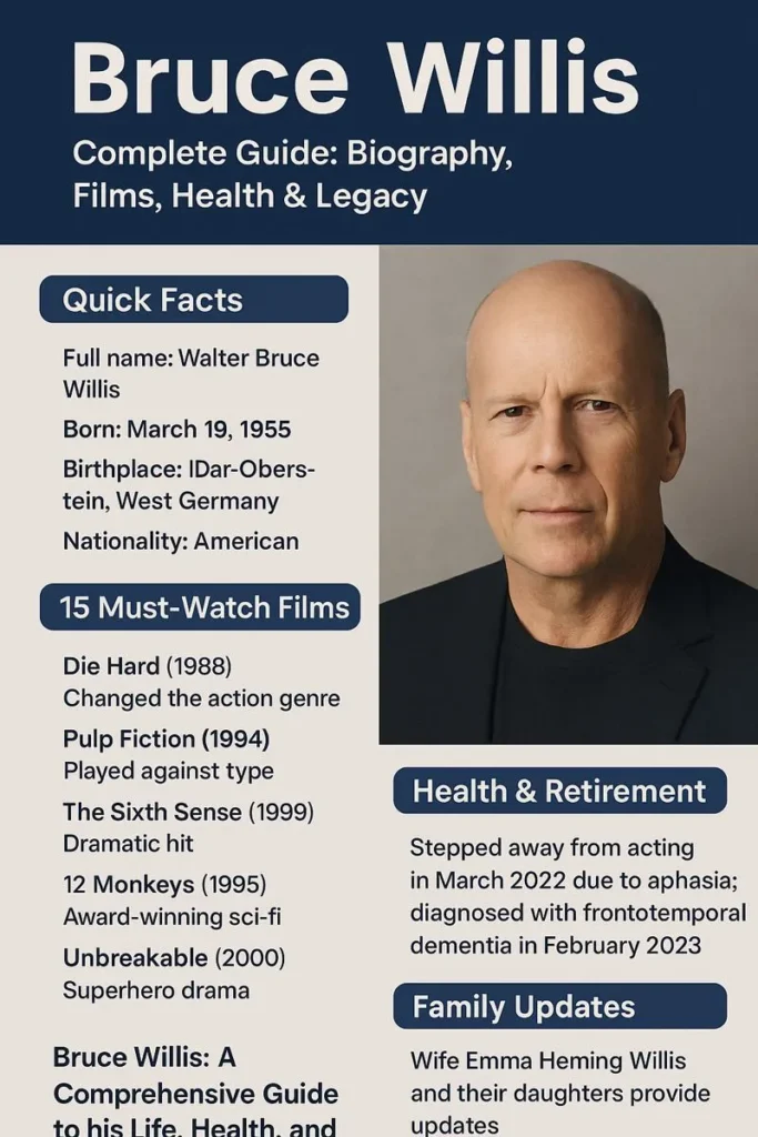 Infographic showing Bruce Willis’s complete biography, career timeline, and health journey from Moonlighting and Die Hard to his retirement announcement and FTD diagnosis, with key films and milestones visualized in a cinematic layout.