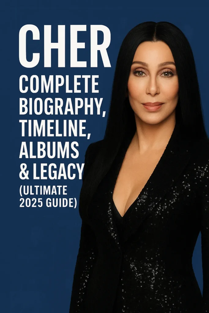 Infographic of Cher featuring her portrait with long black hair, wearing a black sequined outfit beside bold white text reading “Cher Complete Biography, Timeline, Albums & Legacy (Ultimate 2025 Guide)” on a deep blue background.
