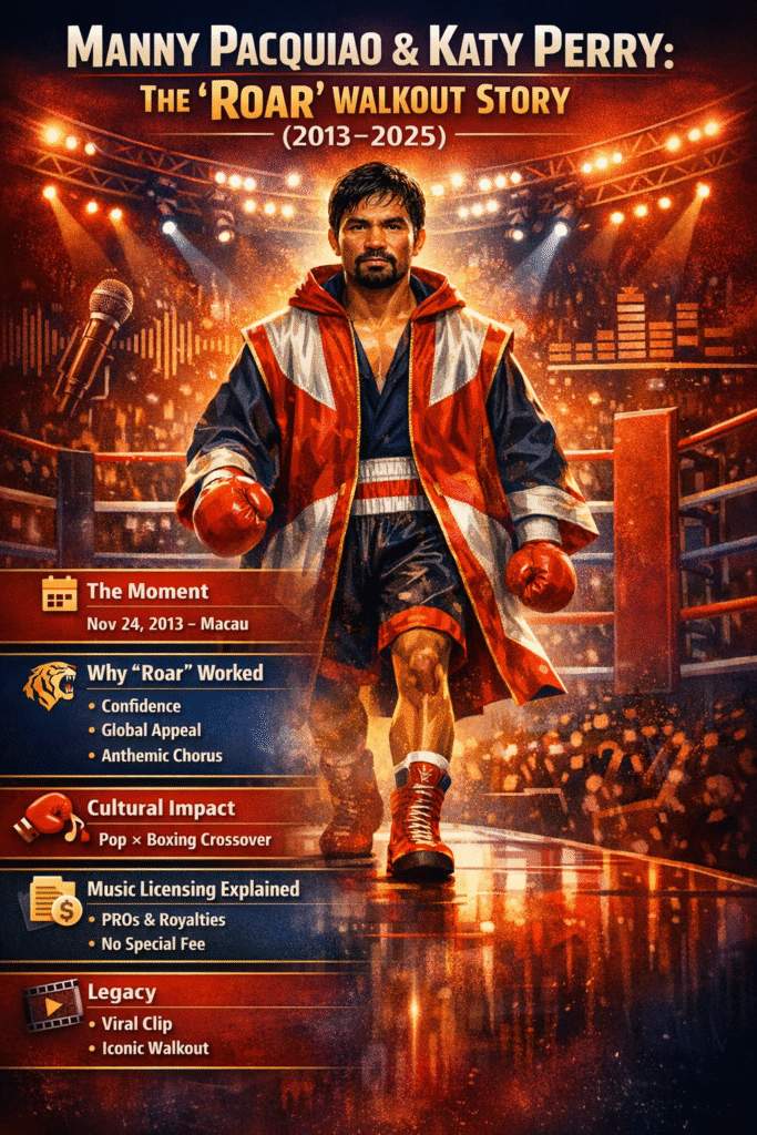 Manny Pacquiao walking out to Katy Perry’s song “Roar” in a boxing arena, illustrated infographic showing the 2013 Macau fight, pop music crossover, and cultural impact.