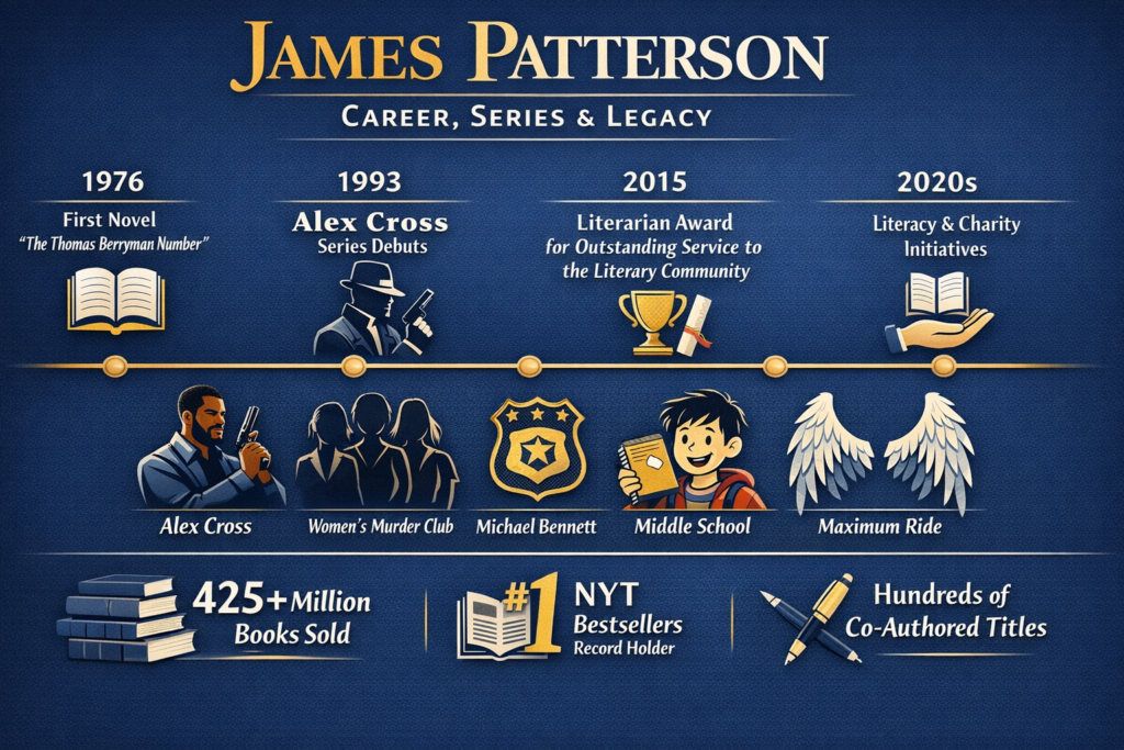 Infographic of James Patterson’s complete career timeline and bestselling series highlighting Alex Cross, Michael Bennett, Women’s Murder Club, Middle School, Maximum Ride, sales milestones, awards, and literacy initiatives.