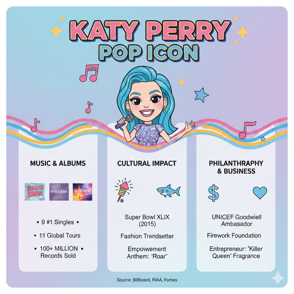“Katy Perry 2025 full biography infographic showing her early life, career timeline, albums, tours, net worth, awards, and latest era updates.”