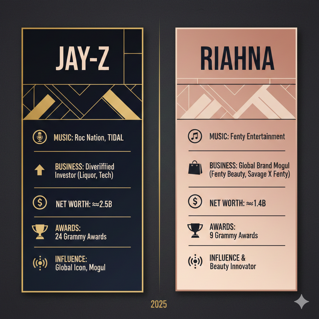 “Jay-Z vs Rihanna 2025 infographic comparing