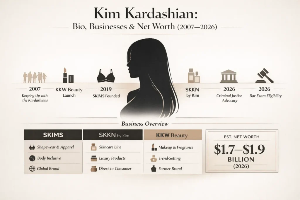 "Infographic detailing Kim Kardashian's career, daily work, and net worth from 2007-2026. It features a silhouette portrait of Kim Kardashian, a timeline of climax including 'Keeping Up with the Kardashians', KKW Beauty, SKIMS, SKKN, and her legal novitiate. The infographic also includes a comparison table for SKIMS, SKKN, and KKW Beauty, and an estimated net worth callout of $1.7-$1.9 billion."