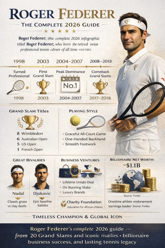 Roger Federer complete 2026 infographic showing biography, tennis career timeline, 20 Grand Slam titles, records, net worth, business ventures, and legacy in a modern editorial design.