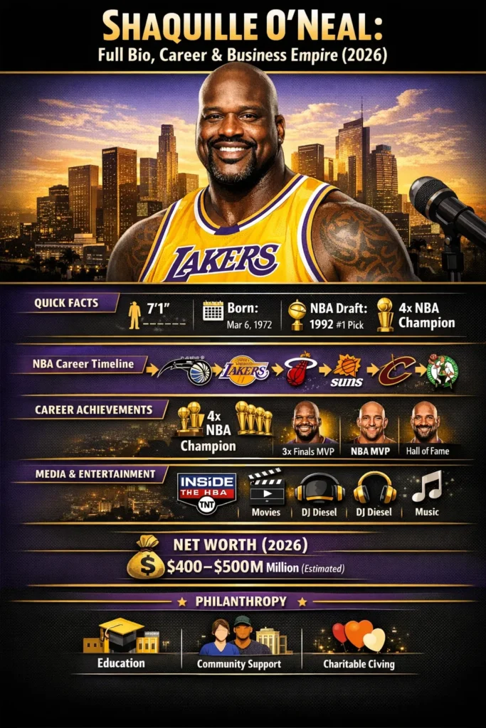 Shaquille O’Neal full biography infographic showing NBA career timeline, championships, media career, business empire, philanthropy, and estimated 2026 net worth.