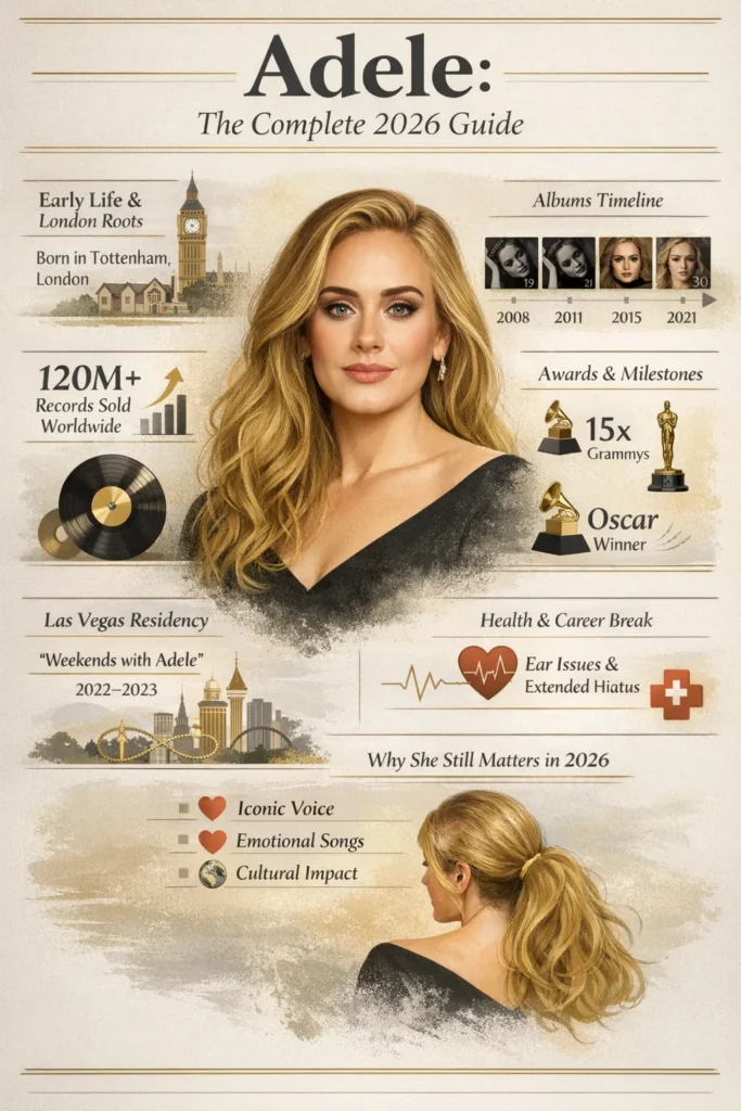 Adele’s 2026 career timeline promotes stories 19, 21, 25, and 30, her Grammy and Oscar wins, 120 million record sales, and her Vegas residency.