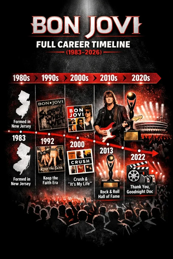 Vertical autograph showing Bon Jovi’s career timeline (1983–2026) with albums, tours, member changes, and the 2024 recording.