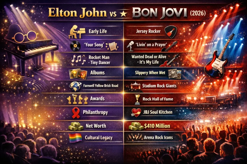“Elton John vs Bon Jovi infographic comparing life, career, hits, tours, awards, and net worth in 2026.”