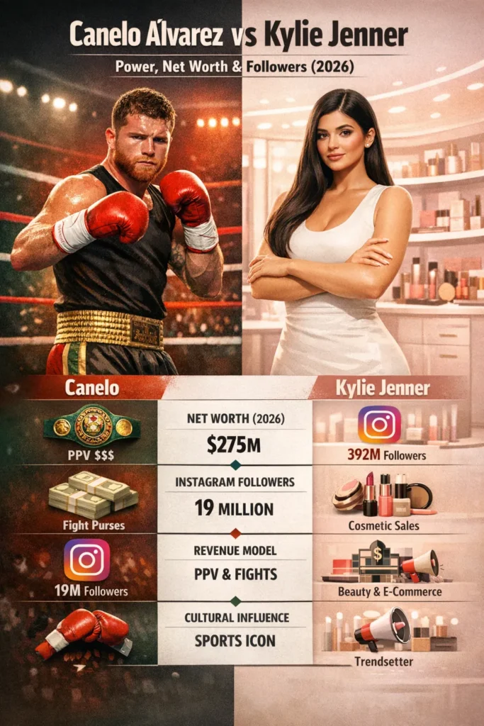 Canelo Álvarez vs Kylie Jenner infographic net worth, Instagram followers, brand value, and followers in 2026.Visual combination of Canelo Álvarez and Kylie Jenner showing followers, earnings, influence, and monetization models.