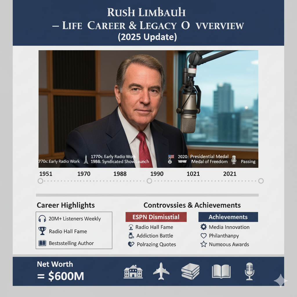 Infographic showing Rush Limbaugh’s life and career timeline, major controversies, awards, and $600 million net worth, highlighting his influence on American talk radio and conservative media legacy.