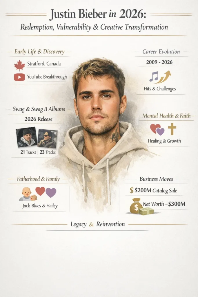 Infographic: Justin Bieber 2026 timeline showing early life, Swag albums, mental-health journey, fatherhood, catalog sale, and net worth, with icons and gold accents.