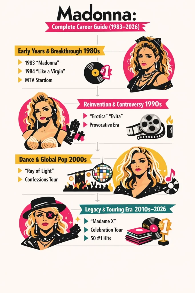 “Vertical infographic showing Madonna’s complete timeline from 1979 to 2026, featuring key career milestones in music, tours, and film, designed in a minimalist vector style with magenta, teal, and gold highlights.”