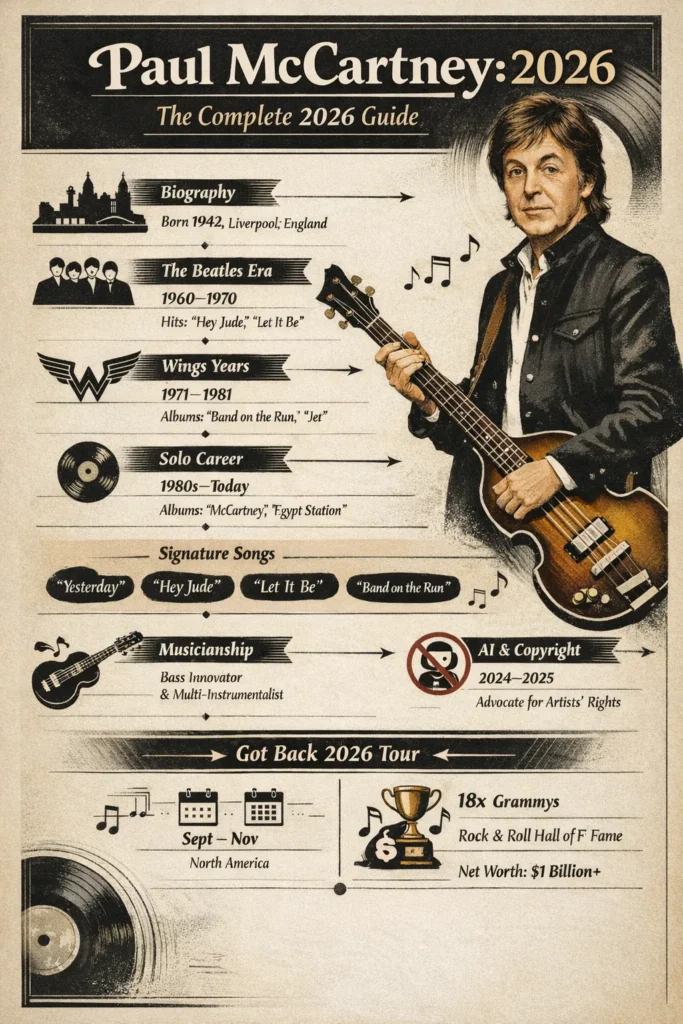 Infographic showing Paul McCartney’s complete 2026 guide biography, Beatles era, Wings highlights, solo hits, awards, and Got Back tour timeline.