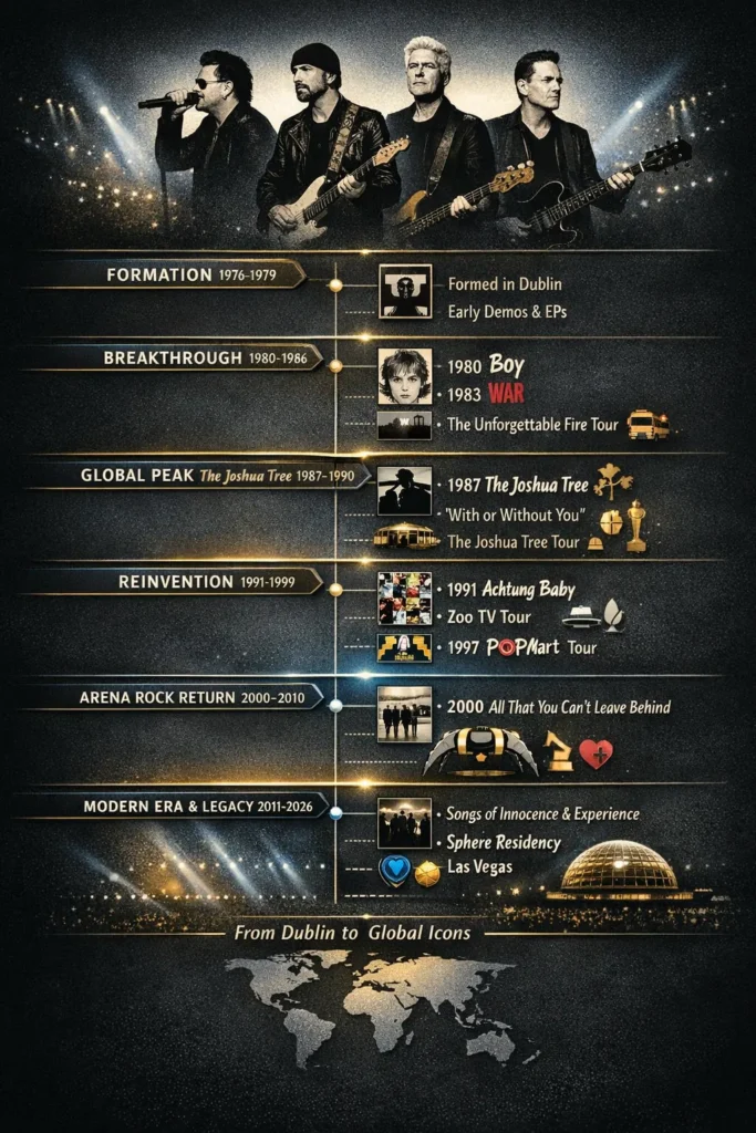 Infographic showing U2’s full career timeline (1976–2026) with major albums, tours, awards, and climax from Dublin roots to recent -day Sphere shows.