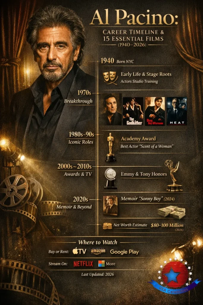 Al Pacino vertical A4 infographic showing his career timeline (1940–2026), ranked top 15 films with thumbnails, awards icons, and a concise where-to-watch guide.