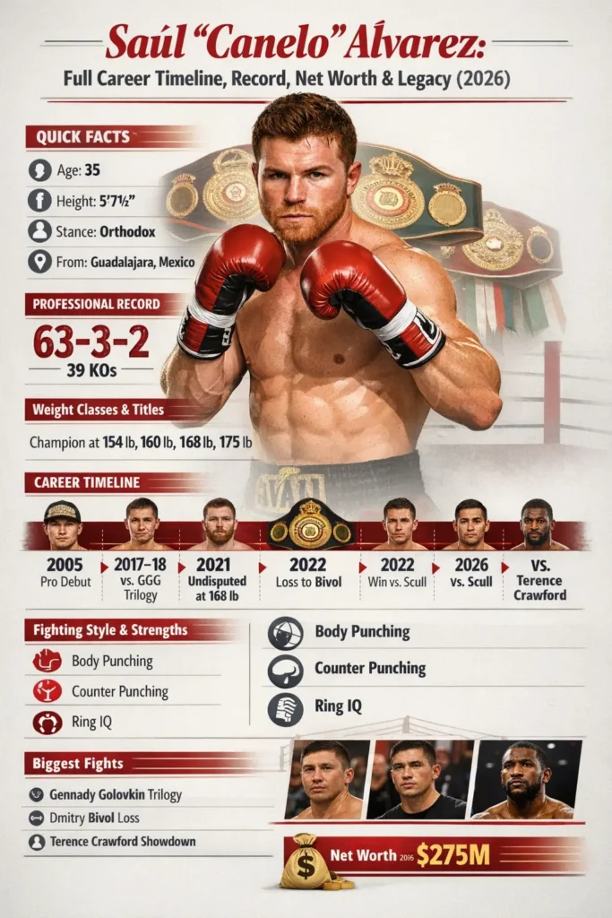 Saúl “Canelo” Álvarez infographic concise visual timeline of his career (2005–2026), key stats (63–3–2, 39 KOs), undisputed titles, biggest fights, and estimated net worth ($275M). Fast-read, shareable recap for fans and writers.
