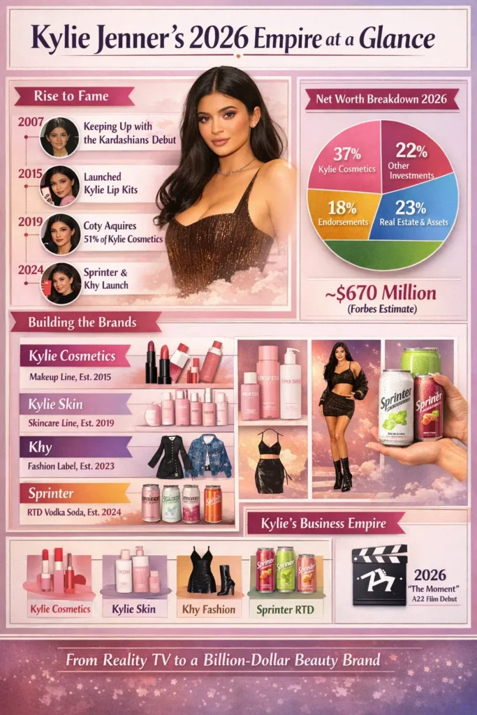 “Infographic showing Kylie Jenner’s biography, Kylie Cosmetics business growth, 2026 net worth breakdown, and brand empire overview.”