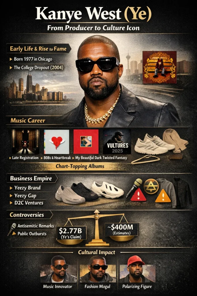 "Infographic showing Kanye West (Ye)’s life, music career, fashion ventures, controversies, net worth, and cultural legacy in a modern vertical design."