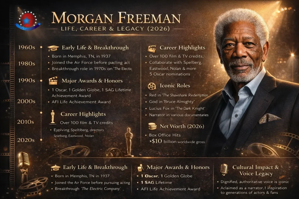 Infographic poster celebrating Morgan Freeman’s legendary acting career featuring a realistic portrait, timeline of iconic movies, and visual highlights of his six-decade Hollywood journey.